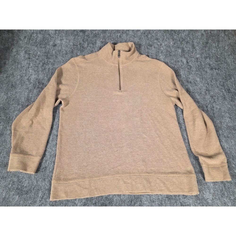 Mens L Sweater Pullover Tan Brown Waffle Knit 1/4 Zip Mock Neck Banana Republic